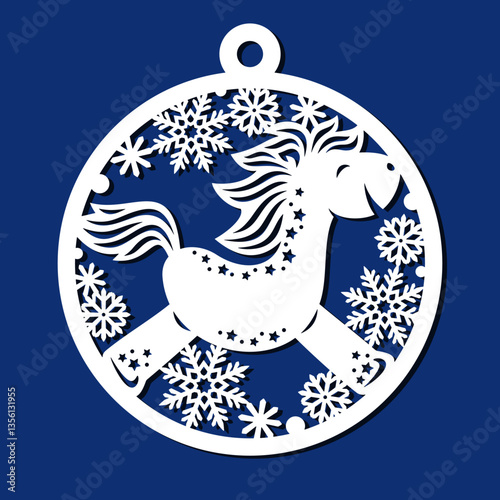 Christmas ball with a funny horse. Hanging round decoration with a cute pony, snowflakes. Template for plotter laser cutting of paper, fretwork, wood carving, metal engraving, cnc. Vector illustration