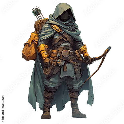 A hooded archer with a bow and quiver stands ready for adventure in the dark