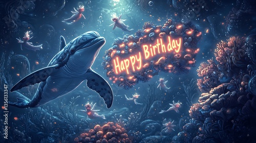 A fantasy-inspired ocean world where a dolphin and a sea turtle swim around a floating 