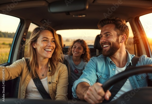 Excited Family on Vacation – Driving Through the Countryside at Golden Hour