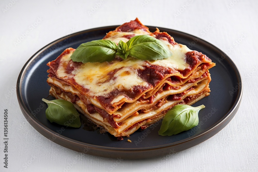 A photo of a slice of lasagna on a dark plate, garnished with fresh basil leaves and melted cheese A photo of a slice of lasagna on a dark plate, garnished with fresh basil leaves and melted cheese