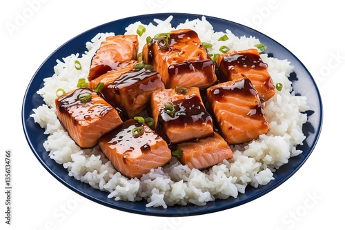 A photo of grilled chunks of salmon in teriyaki sauce and cooked white rice