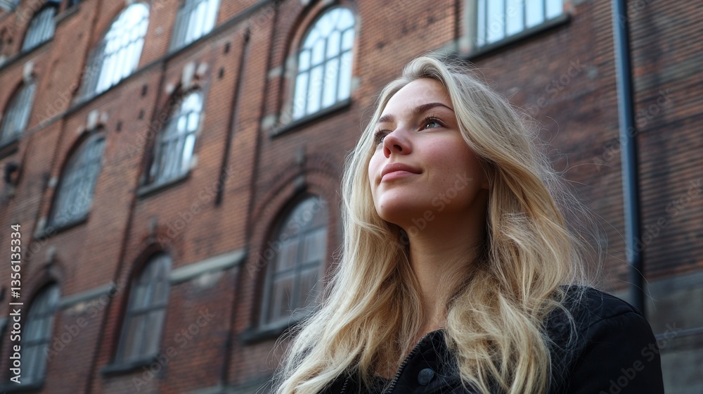 Fototapeta premium Young Woman with Flowing Blonde Hair Against Historical Building