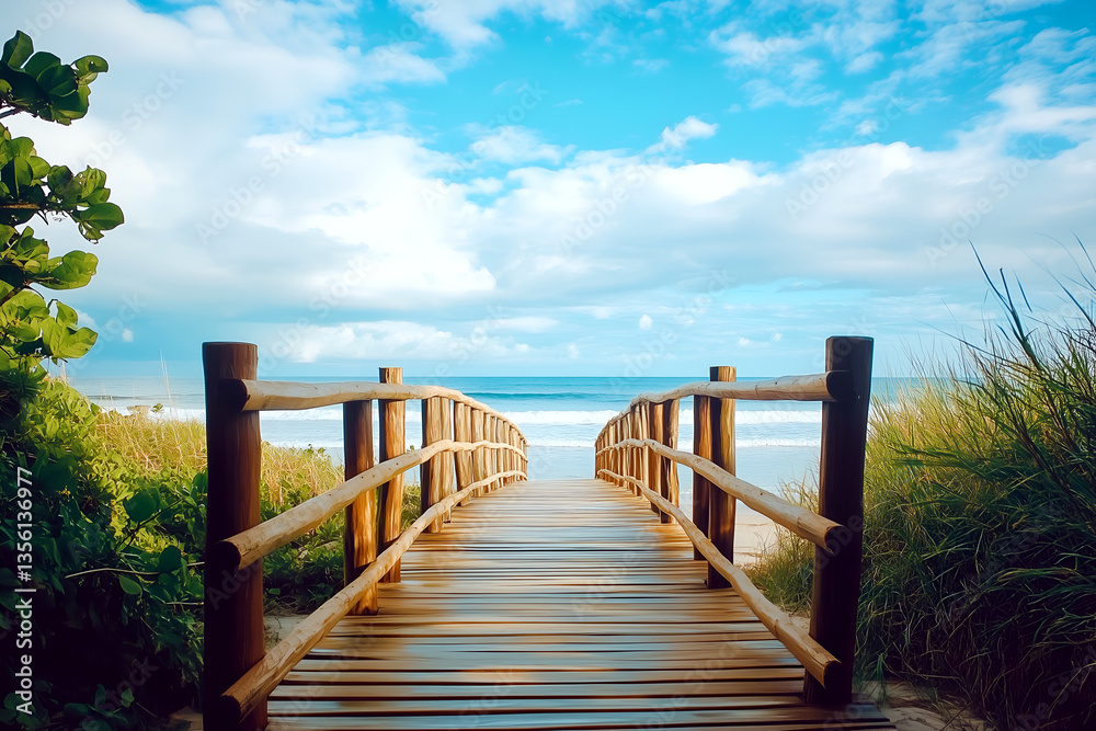 Obraz premium Wooden bridge leading to the beautiful sea in a sunny day, inviting viewers to explore and relax in a serene, coastal paradise.