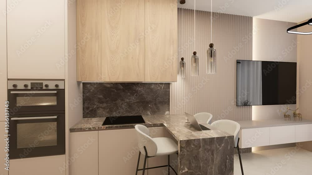 A beautifully designed modern studio apartment with glass partitions, warm lighting, and elegant minimalist decor, perfect for interior design concepts.