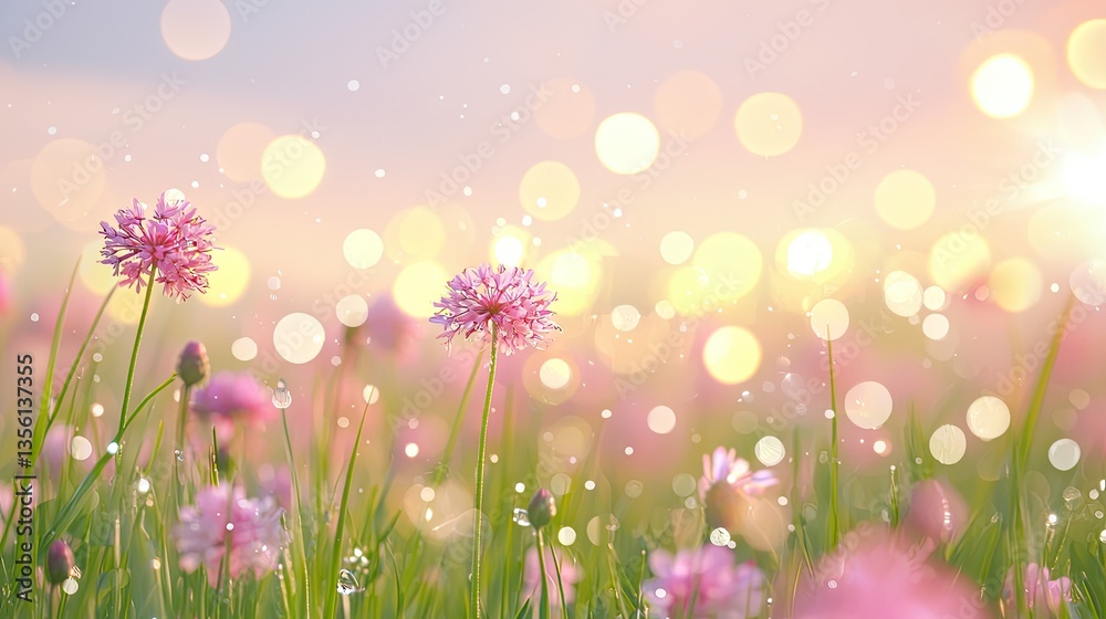 Fototapeta premium Pink flowers sunrise meadow bokeh background, nature spring scene, card design