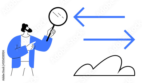 Person holding magnifying glass near two arrows pointing in opposite directions, cloud underneath. Ideal for analysis, data transfer, exploration, discovery, decision-making, cloud computing