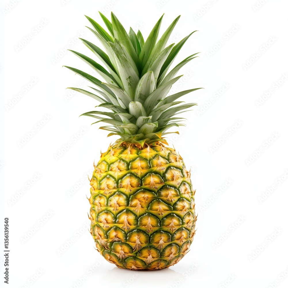 Fototapeta premium Fresh pineapple with a vibrant green crown on a bright white background.