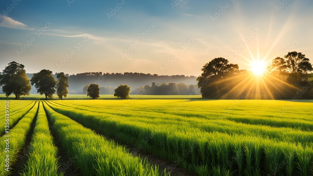 Obraz premium A vibrant sunrise casts golden rays over a lush green field, creating a breathtaking landscape.