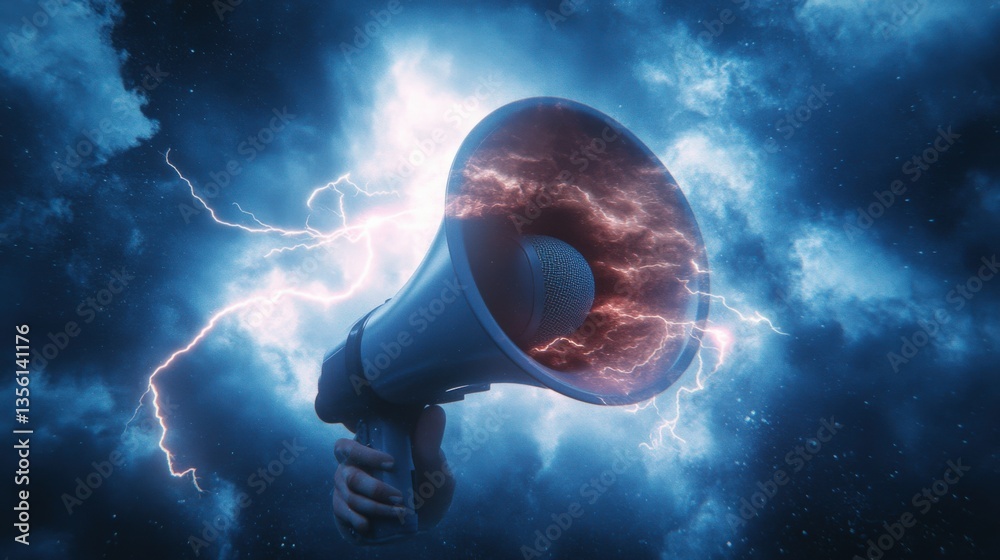 Fototapeta premium Hand holds a loud megaphone