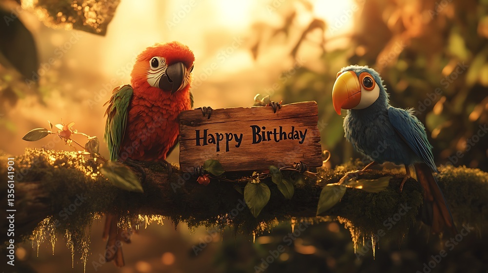 Fototapeta premium A stunning sunset in the rainforest, where a parrot and a toucan stand on a mossy branch, illuminated by golden light, holding a rustic wooden