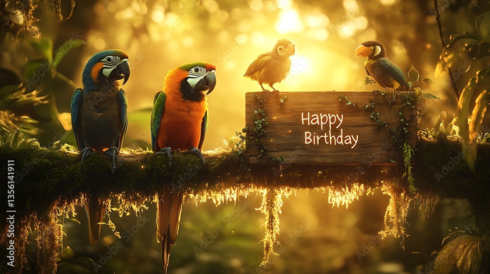 Fototapeta premium A stunning sunset in the rainforest, where a parrot and a toucan stand on a mossy branch, illuminated by golden light, holding a rustic wooden 