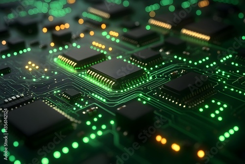 Futuristic Circuit Board with Glowing Microchips for Technology and AI Concepts