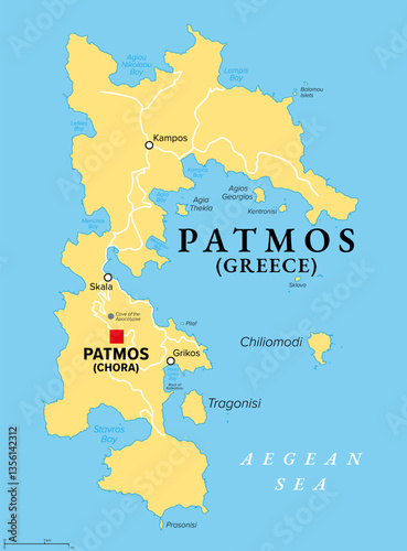 Patmos, Greek island, political map. Island of Greece in the Aegean Sea, northernmost part of Dodecanese. Here John of Patmos received the visions found in the Book of Revelation of the New Testament.