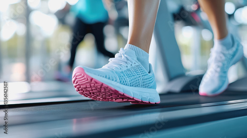 Close-up view of a person's feet running on a treadmill with sweat glistening demonstrating commitment to fitness goals