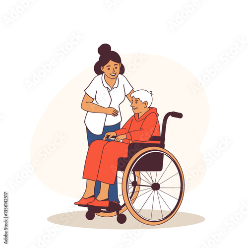 A kind caregiver assists an elderly woman in a wheelchair, showing warmth and support