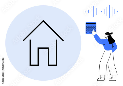 Minimalist house icon, woman using calculator, soundwave. Ideal for real estate, budgeting, financial analysis, home monitoring, property investment technology modern life. Flat simple metaphor