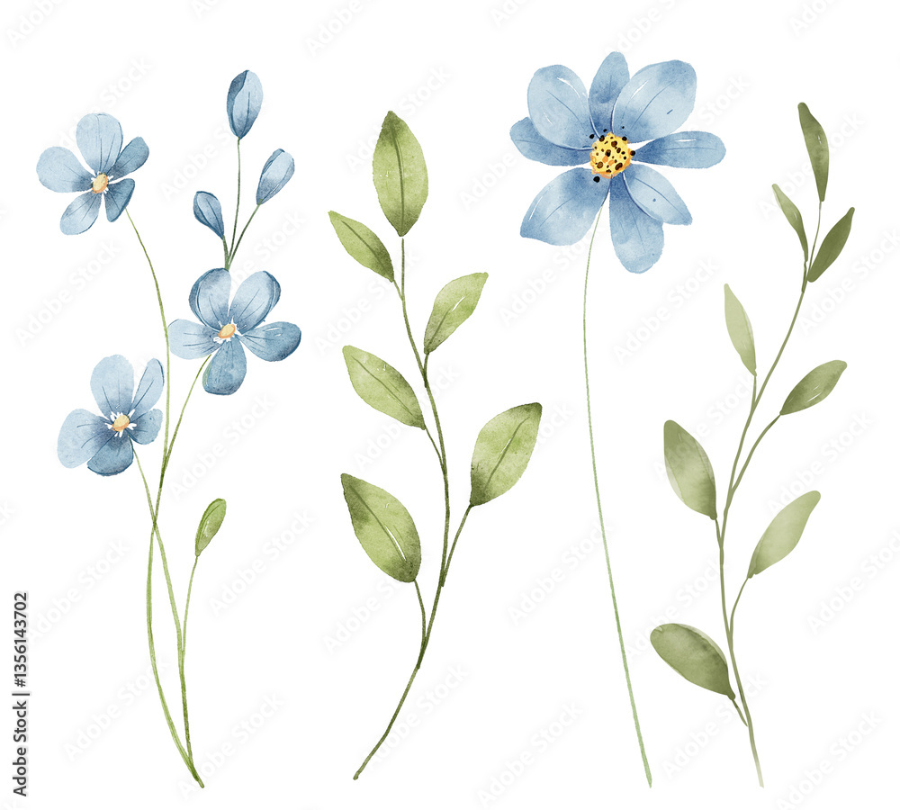 Fototapeta premium Wild flowers set, watercolor digital illustration. Perfectly for poster, card design. Mother's Day, Birthday, Valentine's day decoration.