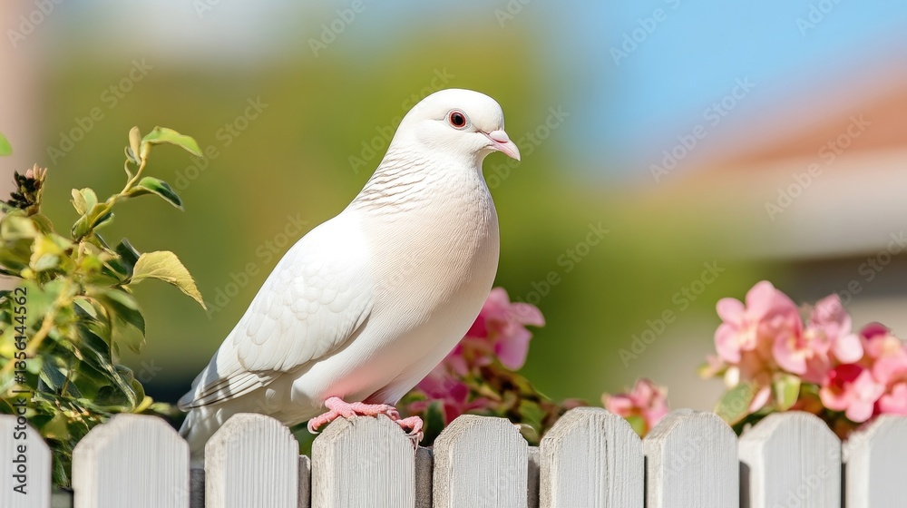 Delicate white pigeon perched on a fence, surrounded by flowers Delicate white pigeon perched on a fence, surrounded by flowers