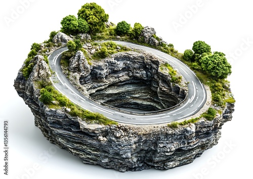 A winding road traversing a cross section of a land formation