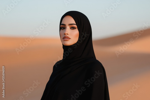 Muslim woman wearing black abaya in desert landscape