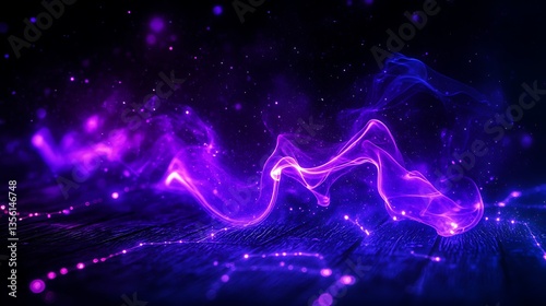 Abstract purple and blue glowing smoke wave on dark background.