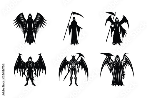 Six Silhouettes of Death Angels Holding Various Implements