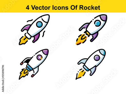 colorful Cartoon rocket Set Vector Icons boosters with Flames and Windows Shooting Upward in outer space