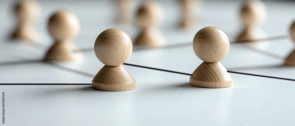 Obraz premium Wooden figures linked together on a white surface, representing a network and human resources management strategy in an interconnected workplace