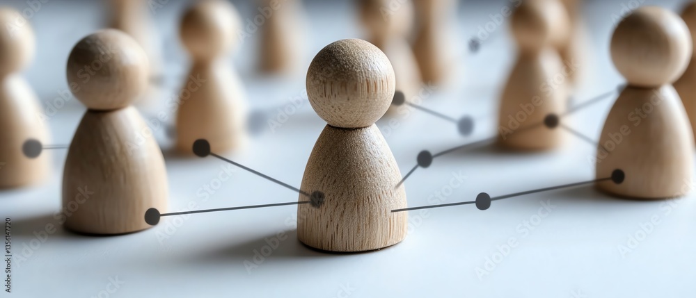 Obraz premium Wooden figures linked in a network on a white surface, representing human resources strategy, team building, and effective organizational management