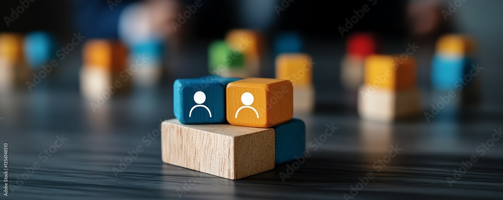 Fototapeta premium Wooden block with customer focus group icon, surrounded by glowing human avatars, linked by colorful lines, emphasizing feedback loops and collaboration in HR strategies, 8K render