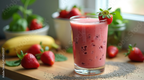 Wallpaper Mural A vibrant smoothie with fresh fruit chunks, placed on a wooden countertop surrounded by strawberries, bananas, and spinach, bathed in natural light for a healthy vibe. Torontodigital.ca