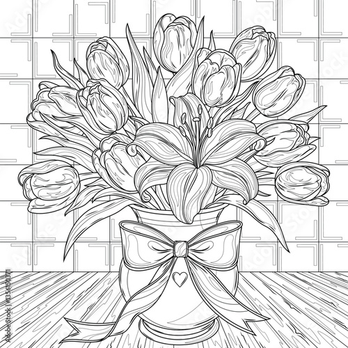 A bouquet of tulips and lilies in a vase on the table.Coloring book antistress for children and adults.	