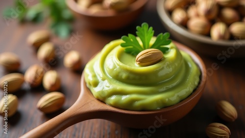 Creamy pistachio paste served on a wooden spoon with parsley and whole pistachios on rustic table background. Natural food, organic ingredients, vegan concept.