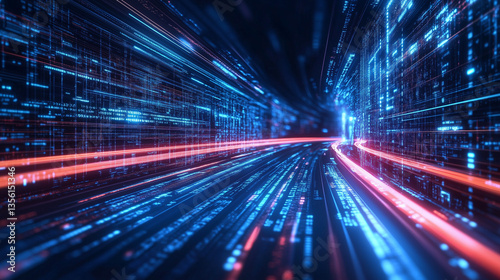 Futuristic high-speed data transmission tunnel with glowing blue and red light streams