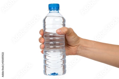 Hand holding plastic water bottle isolated on white background