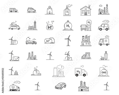 Hydrogen Energy and Sustainable Transport Icons – Clean Energy Line Illustrations.