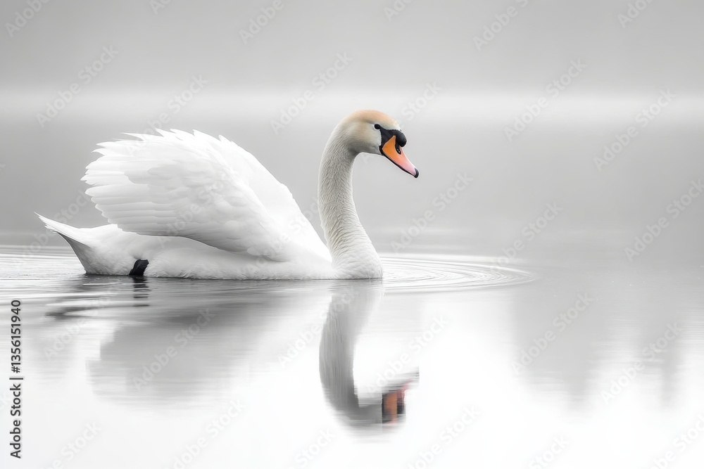 Fototapeta premium Elegant swan glides gracefully on a serene lake at dawn