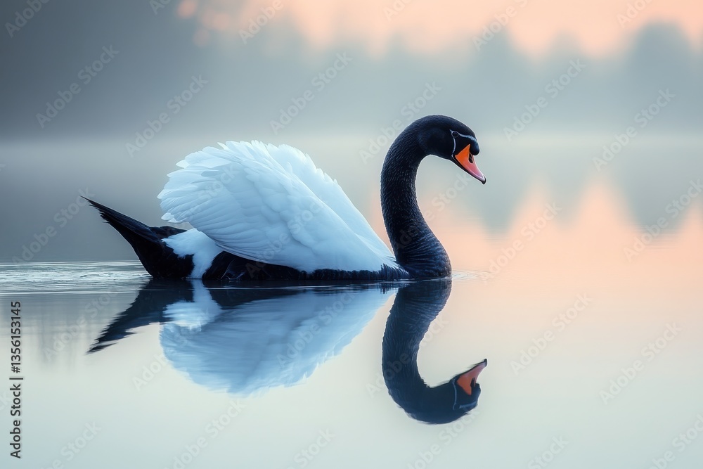 Fototapeta premium Majestic black swan gliding peacefully on a serene lake at dawn