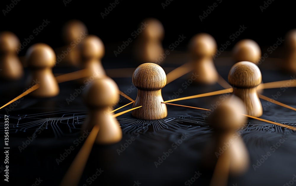 Obraz premium Conceptual image of wooden pegs linked by delicate golden threads on a dark techinspired background
