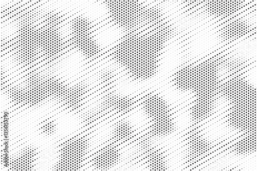 Grunge halftone gradient texture. Faded grit noise background. Sandy gritty wallpaper. Retro pixelated backdrop. Black and white anime or manga comic overlay. Vector graphic design textured halftone