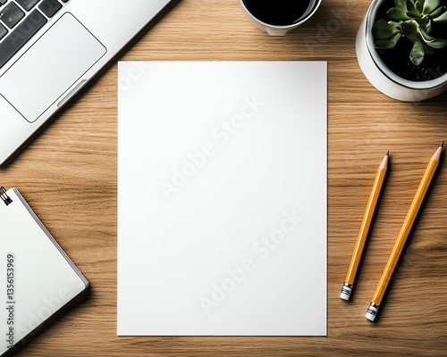 Empty white vertical resume mockup template on a wooden office desk, with a laptop, notebook, and pencil above, ideal for job application and business curriculum vitae