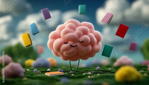 A vibrant and playful illustration of a cloudshaped brain character juggling colorful notebooks in a whimsical field of flowers and soft clouds photo