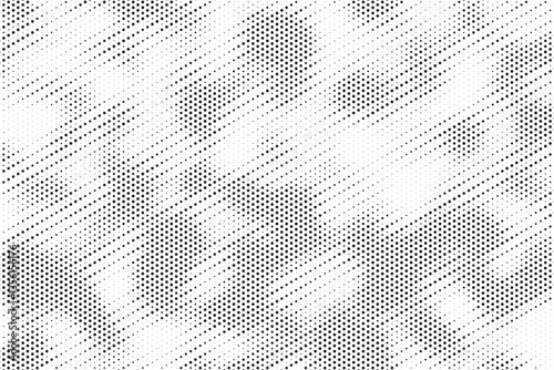 Grunge halftone gradient texture. Faded grit noise background. Sandy gritty wallpaper. Retro pixelated backdrop. Black and white anime or manga comic overlay. Vector graphic design textured halfton