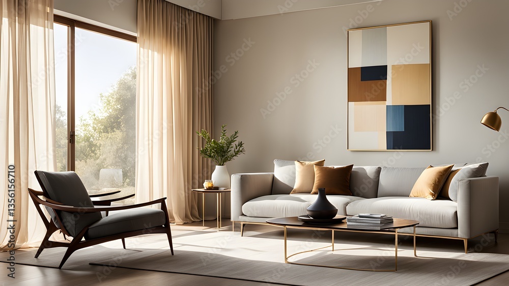 Fototapeta premium Modern living room interior design showcasing a comfortable sofa armchair, bathed natural sunlight streaming through sheer curtains.