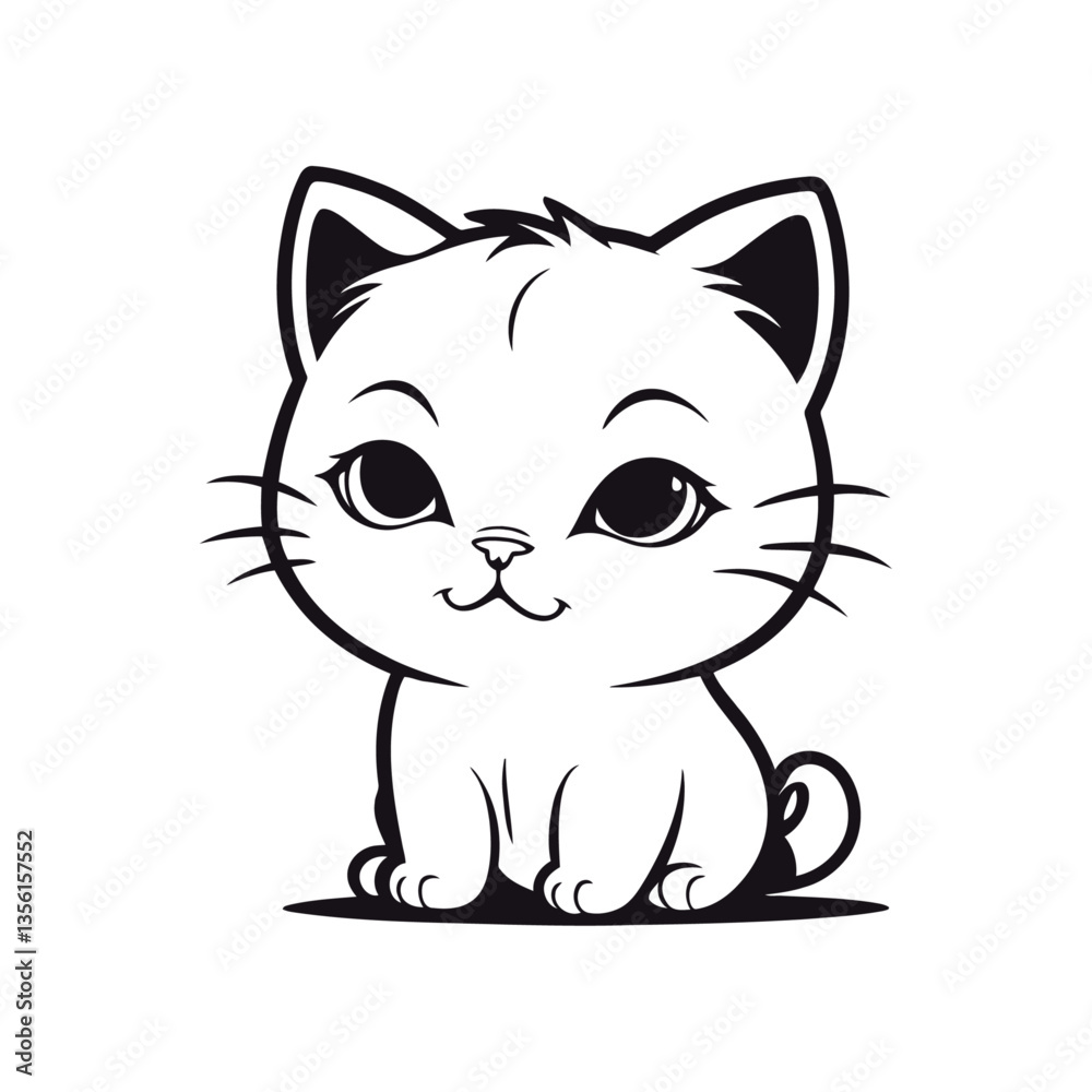 Obraz premium A black and white vector silhouette of a baby cat crying softly, with tiny tears on a white background