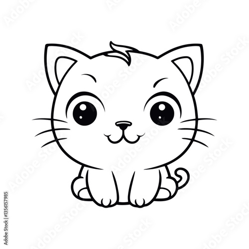 A clean black and white vector illustration of a baby cat with slumped shoulders, looking lost on a white background