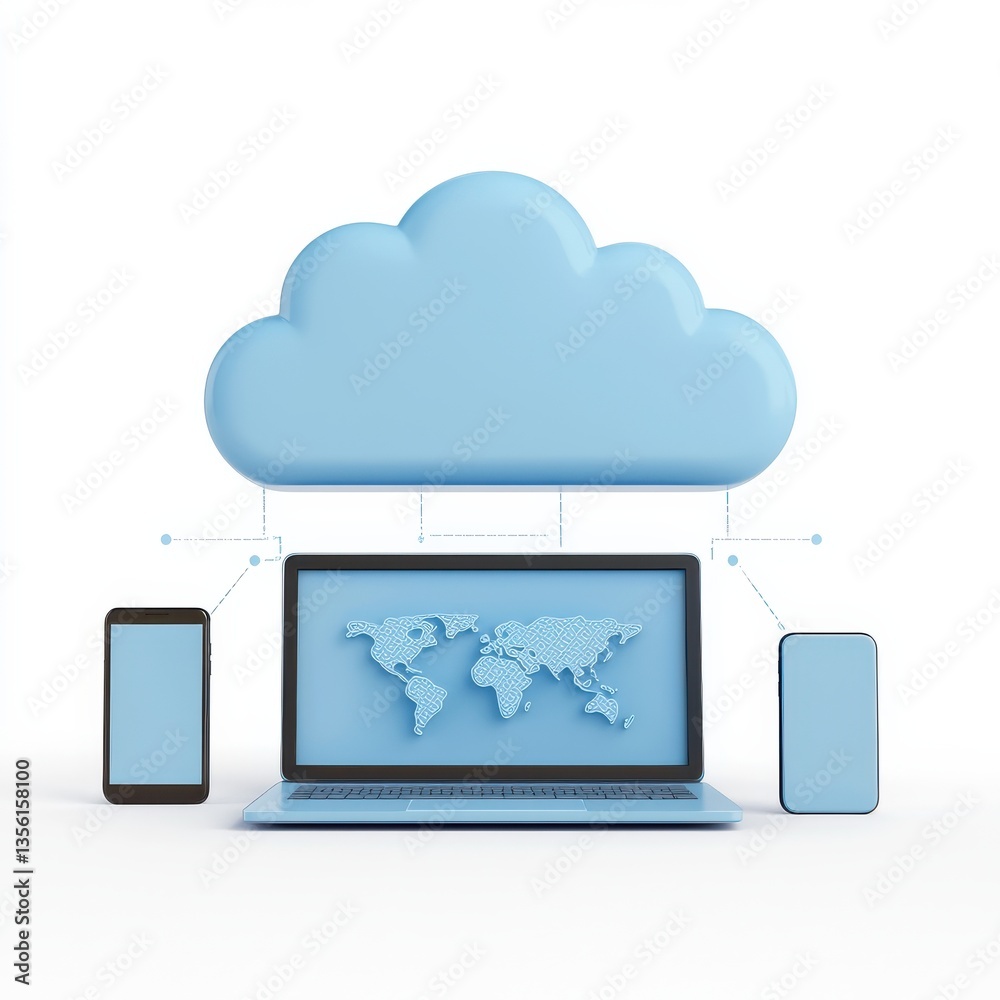 Illustration of cloud computing connecting devices like laptops and smartphones for global accessibility and efficiency. Illustration of cloud computing connecting devices like laptops and smartphones for global accessibility and efficiency.
