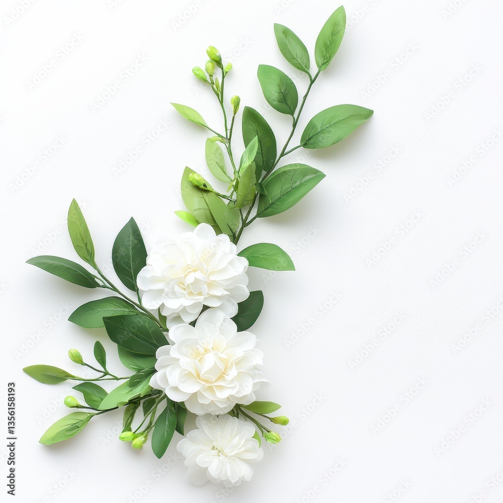Fototapeta premium Elegant white flowers and green leaves arranged beautifully on a light background.
