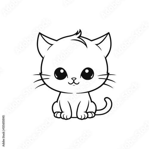 A minimalistic black and white vector illustration of a heartbroken baby cat with lowered ears on a clean white background